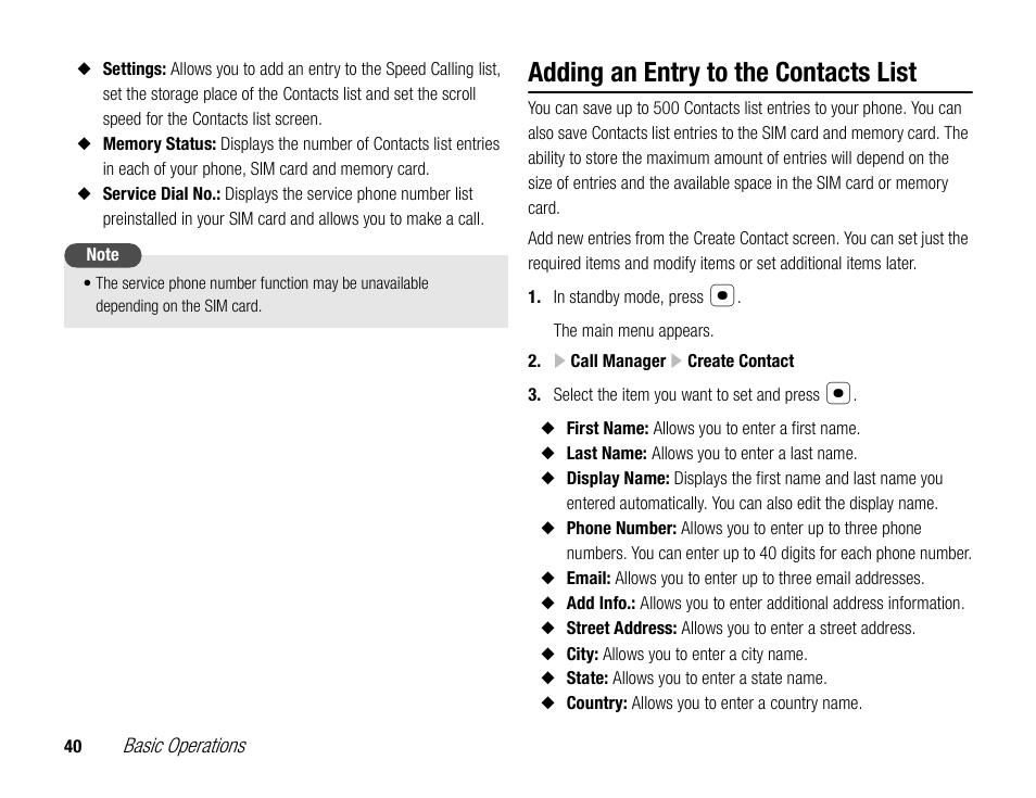 Adding an entry to the contacts list | Toshiba TX80 User Manual | Page 40 / 145