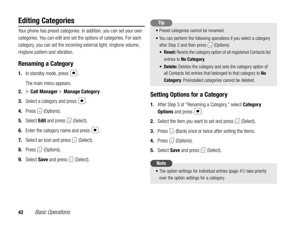 Editing categories, Renaming a category, Setting options for a category | Toshiba TX80 User Manual | Page 42 / 145