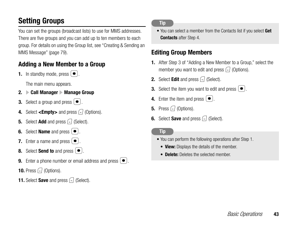 Setting groups, Adding a new member to a group, Editing group members | Toshiba TX80 User Manual | Page 43 / 145