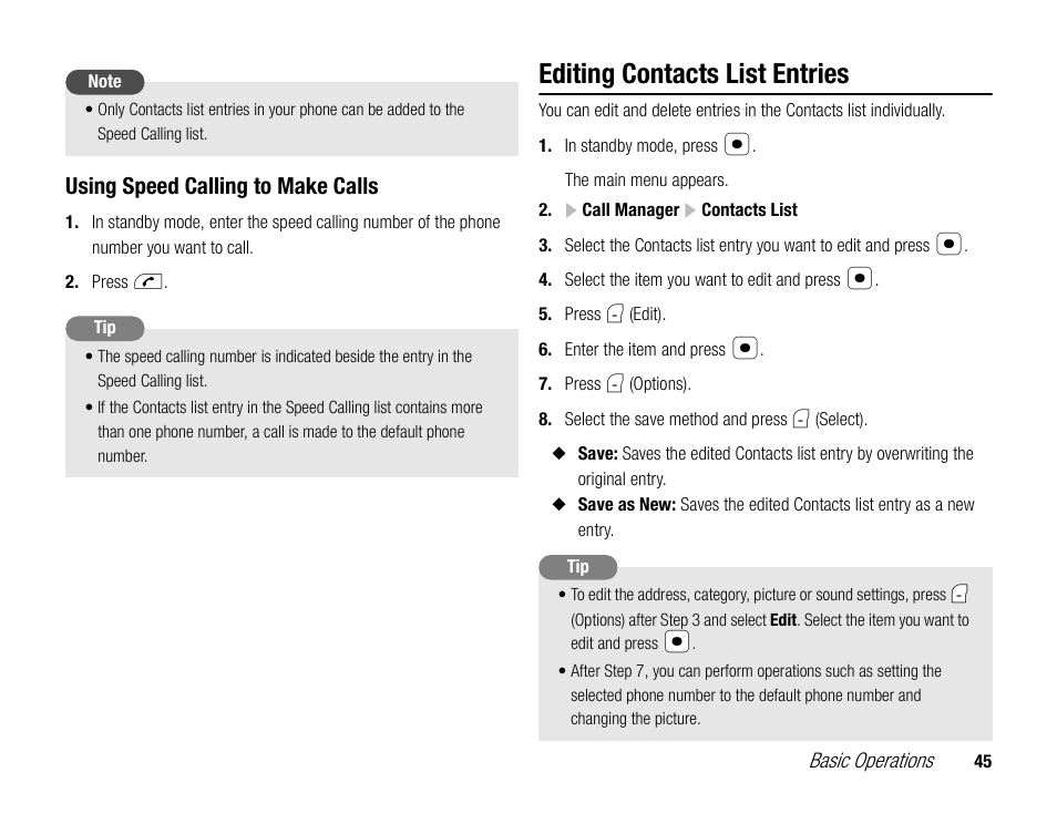 Editing contacts list entries, Using speed calling to make calls | Toshiba TX80 User Manual | Page 45 / 145