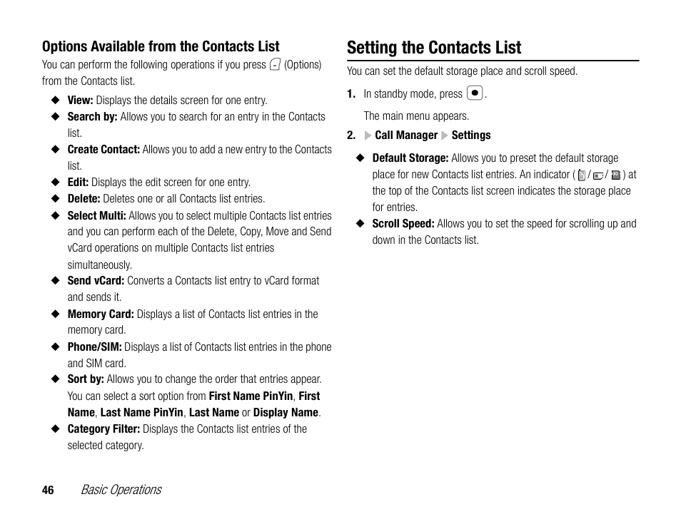 Setting the contacts list, Options available from the contacts list | Toshiba TX80 User Manual | Page 46 / 145