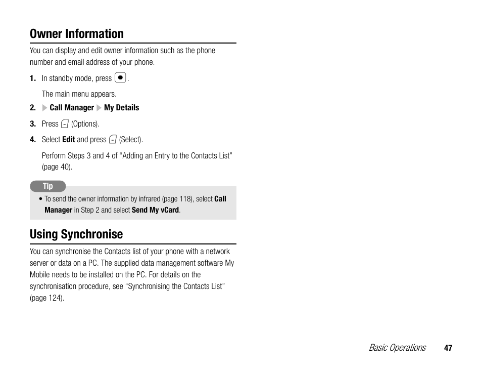 Owner information, Using synchronise | Toshiba TX80 User Manual | Page 47 / 145