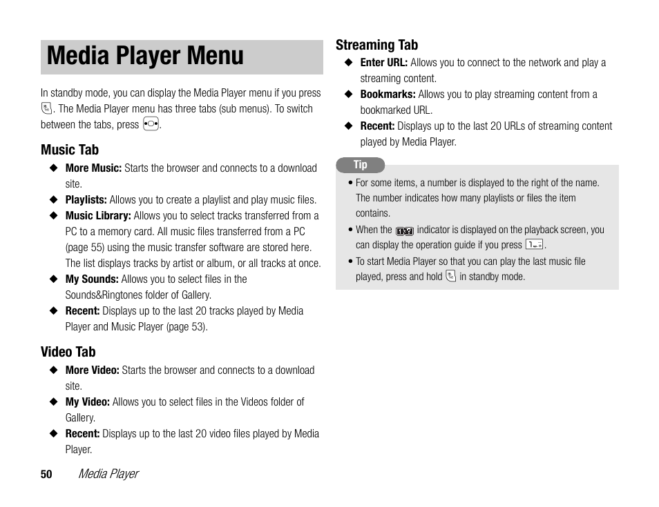 Media player menu | Toshiba TX80 User Manual | Page 50 / 145