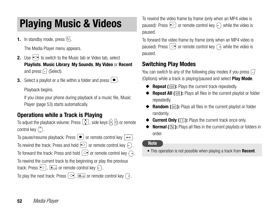 Playing music & videos, Operations while a track is playing, Switching play modes | Toshiba TX80 User Manual | Page 52 / 145