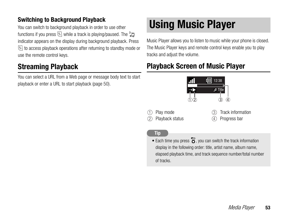 Using music player, Streaming playback, Playback screen of music player | Toshiba TX80 User Manual | Page 53 / 145