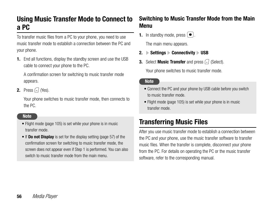 Using music transfer mode to connect to a pc, Transferring music files | Toshiba TX80 User Manual | Page 56 / 145