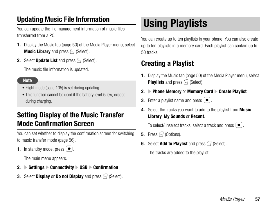 Using playlists, Updating music file information, Creating a playlist | Toshiba TX80 User Manual | Page 57 / 145
