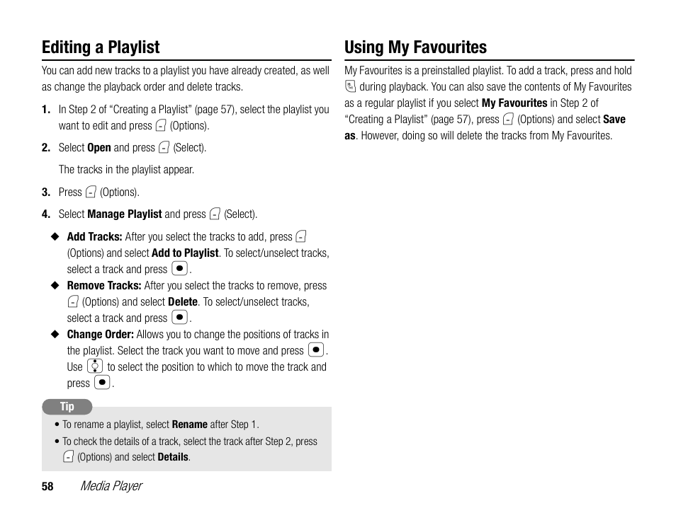 Editing a playlist, Using my favourites | Toshiba TX80 User Manual | Page 58 / 145
