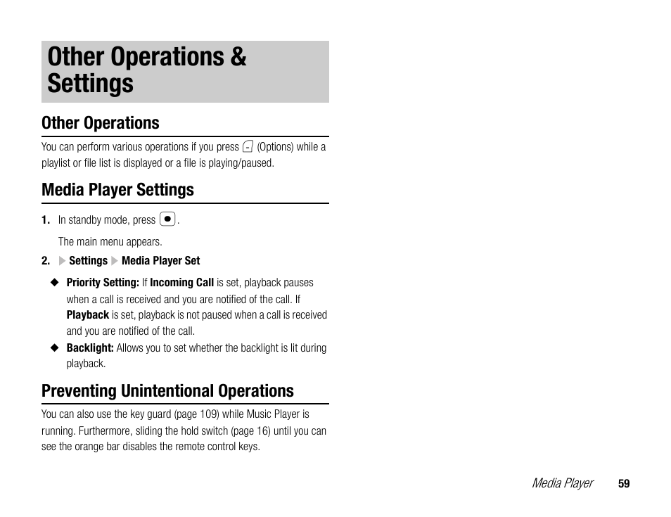 Other operations & settings, Other operations, Media player settings | Preventing unintentional operations | Toshiba TX80 User Manual | Page 59 / 145