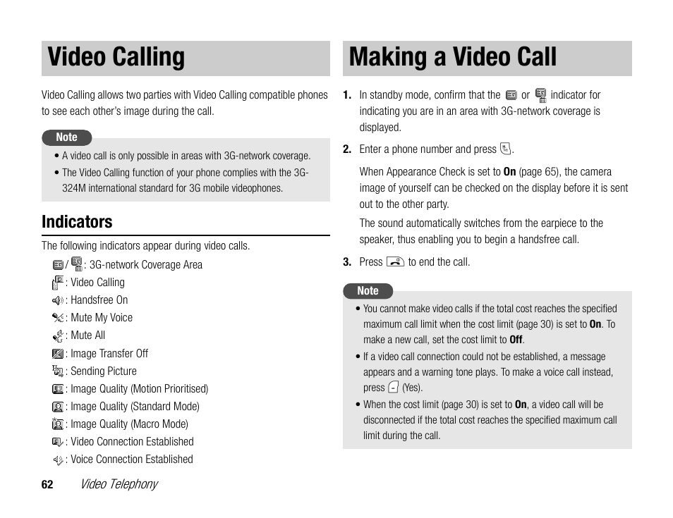 Video calling, Making a video call, Indicators | Toshiba TX80 User Manual | Page 62 / 145