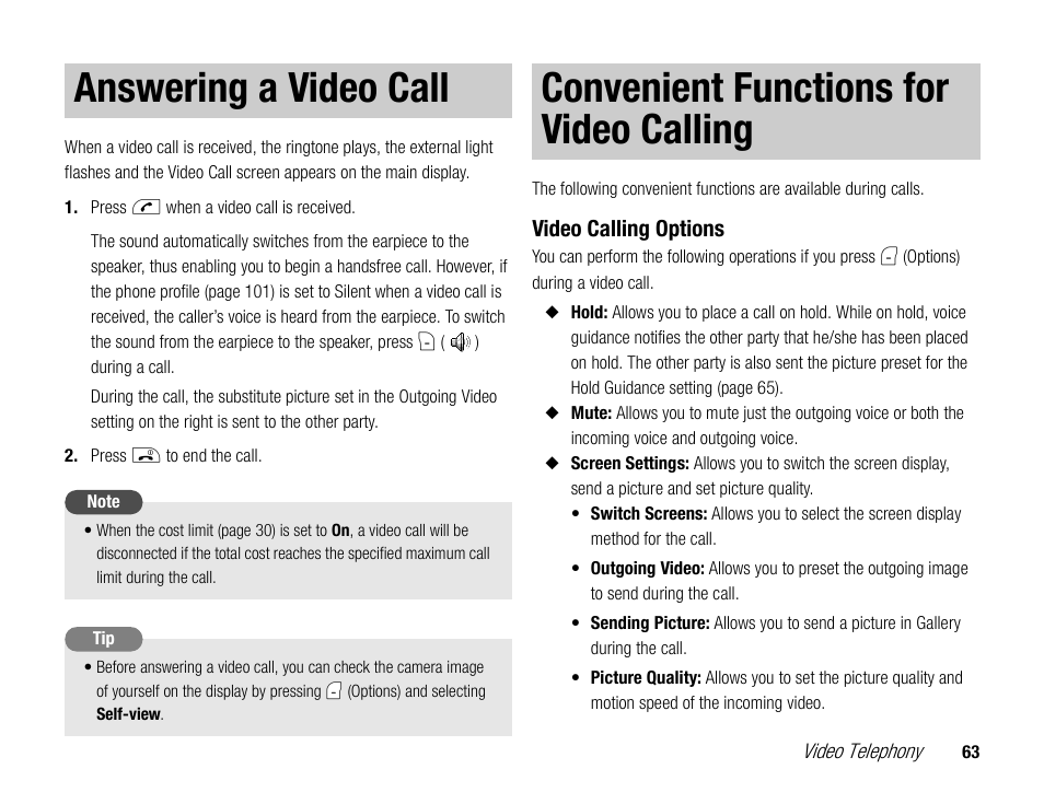 Answering a video call, Convenient functions for video calling | Toshiba TX80 User Manual | Page 63 / 145