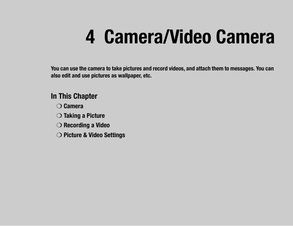 4 camera/video camera | Toshiba TX80 User Manual | Page 67 / 145