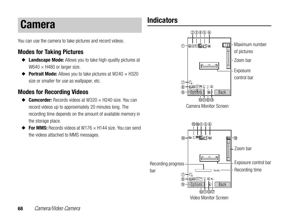 Camera, Indicators | Toshiba TX80 User Manual | Page 68 / 145