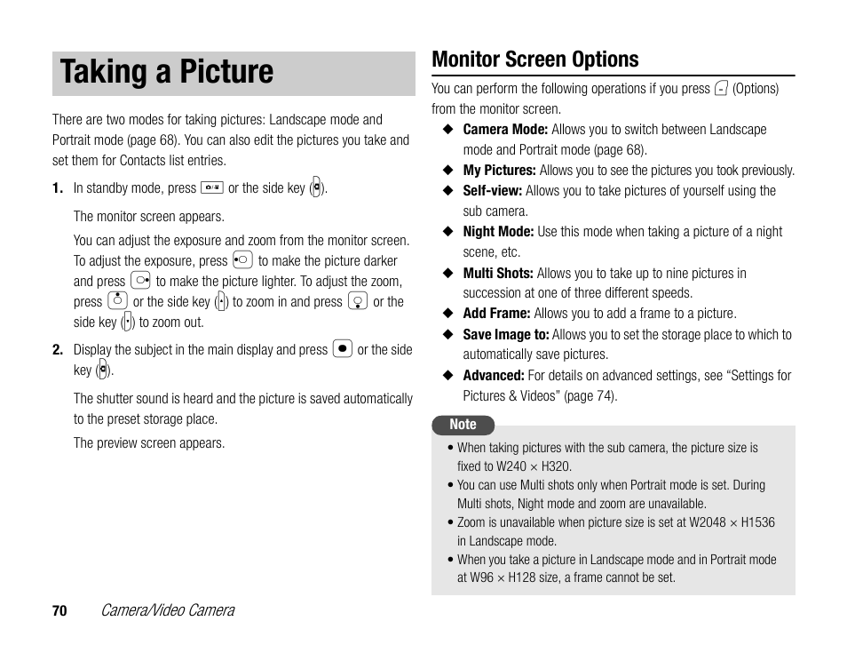 Taking a picture, Monitor screen options | Toshiba TX80 User Manual | Page 70 / 145