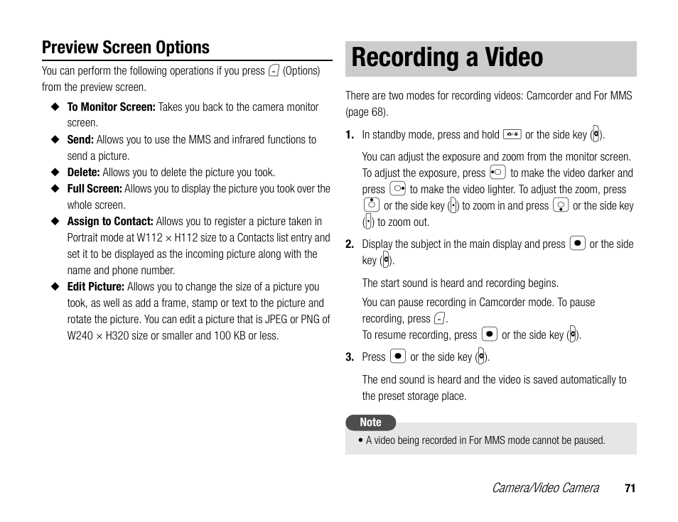 Recording a video, Preview screen options | Toshiba TX80 User Manual | Page 71 / 145