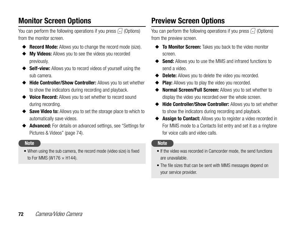 Monitor screen options, Preview screen options | Toshiba TX80 User Manual | Page 72 / 145