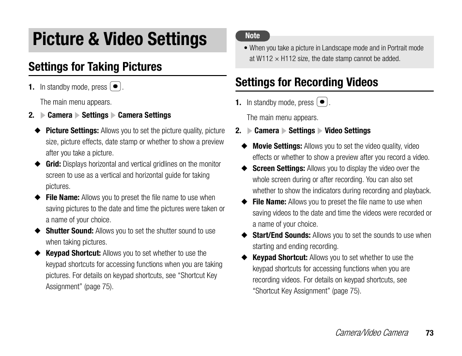 Picture & video settings, Settings for taking pictures, Settings for recording videos | Toshiba TX80 User Manual | Page 73 / 145