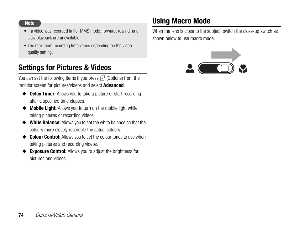 Settings for pictures & videos, Using macro mode | Toshiba TX80 User Manual | Page 74 / 145