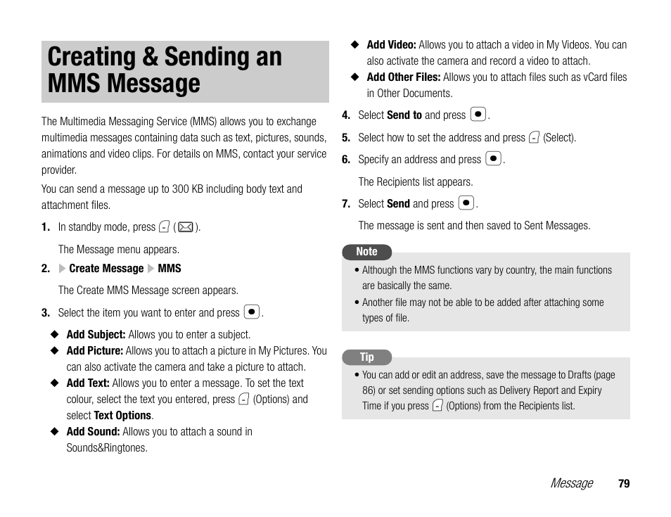 Creating & sending an mms message | Toshiba TX80 User Manual | Page 79 / 145