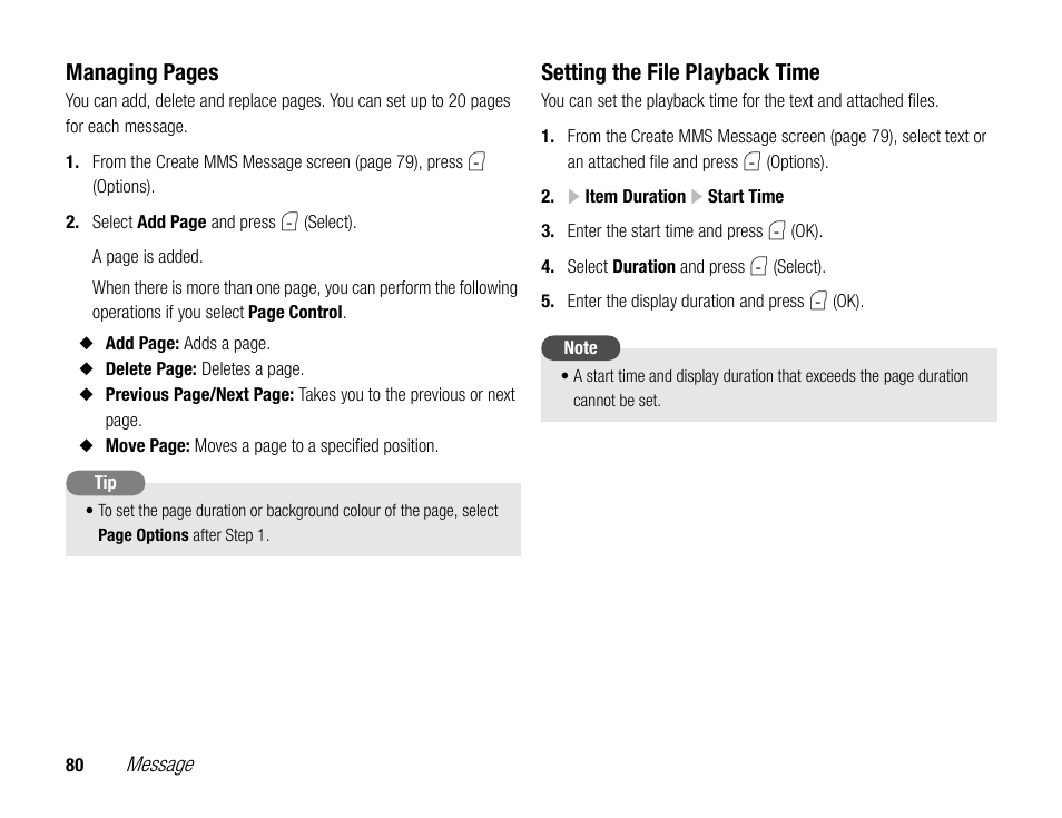 Managing pages, Setting the file playback time | Toshiba TX80 User Manual | Page 80 / 145