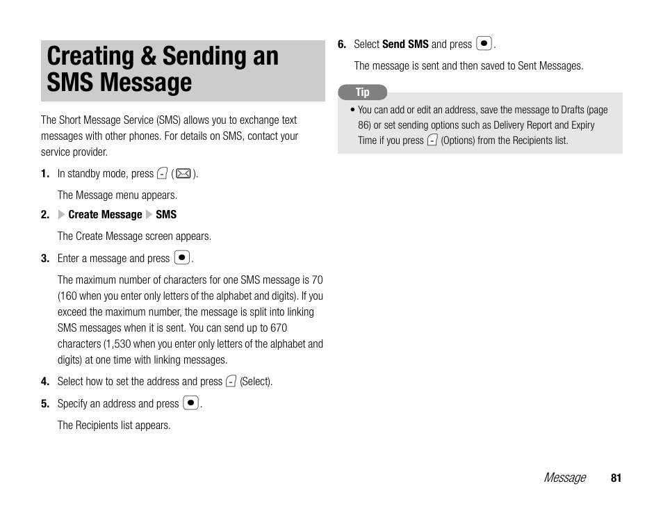 Creating & sending an sms message | Toshiba TX80 User Manual | Page 81 / 145