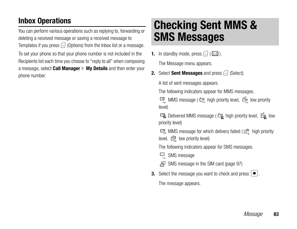 Checking sent mms & sms messages, Inbox operations | Toshiba TX80 User Manual | Page 83 / 145