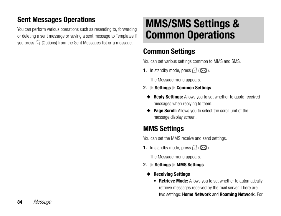 Mms/sms settings & common operations, Sent messages operations, Common settings | Mms settings | Toshiba TX80 User Manual | Page 84 / 145