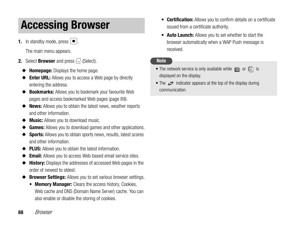 Accessing browser | Toshiba TX80 User Manual | Page 88 / 145