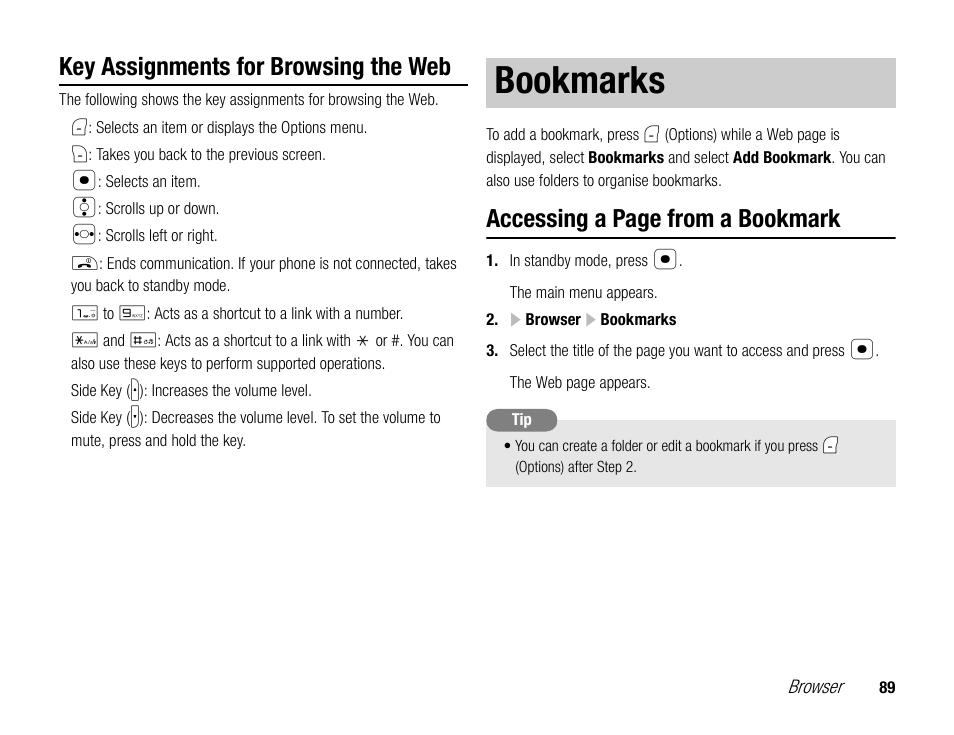 Bookmarks, Key assignments for browsing the web, Accessing a page from a bookmark | Toshiba TX80 User Manual | Page 89 / 145