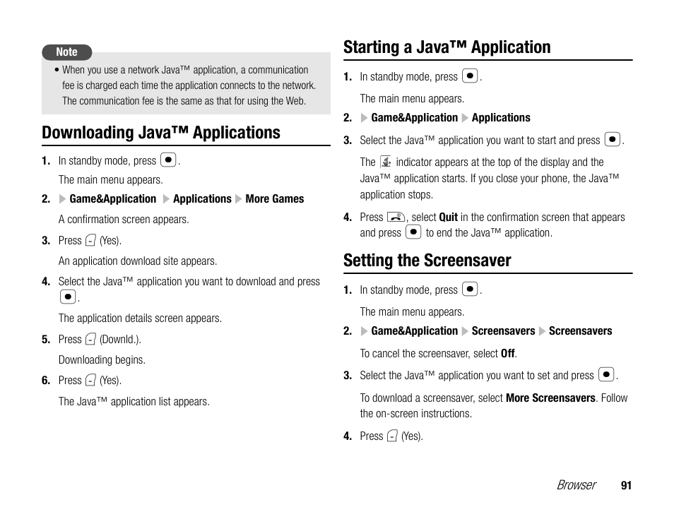 Downloading java™ applications, Starting a java™ application, Setting the screensaver | Toshiba TX80 User Manual | Page 91 / 145