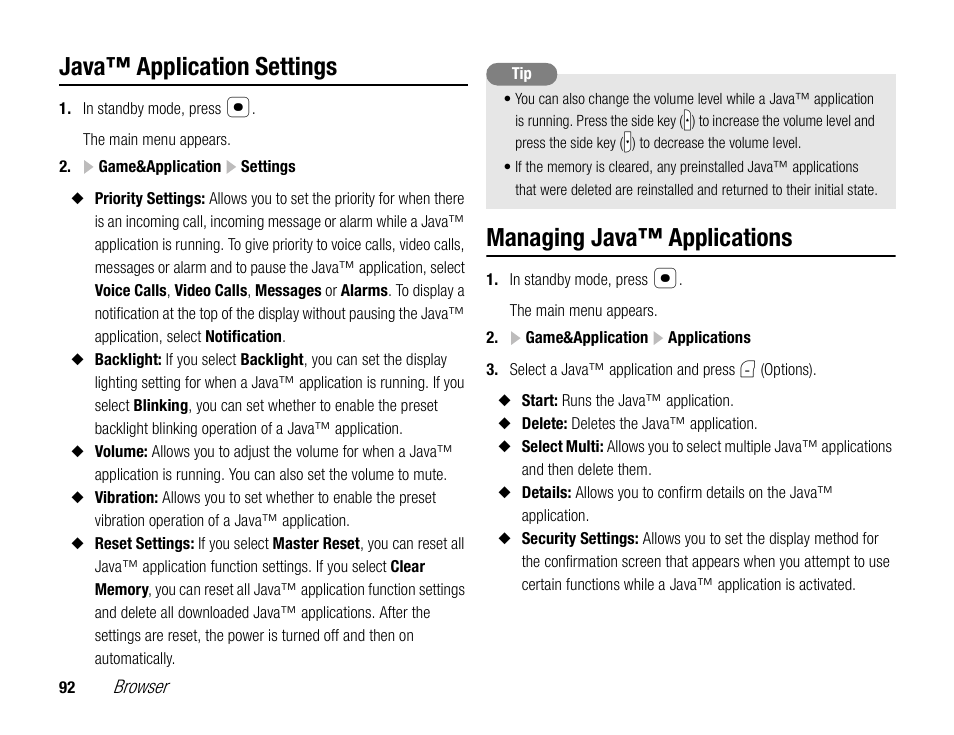 Java™ application settings, Managing java™ applications | Toshiba TX80 User Manual | Page 92 / 145