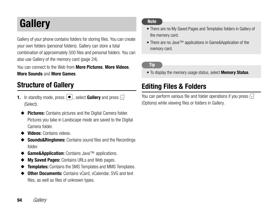 Gallery, Structure of gallery, Editing files & folders | Toshiba TX80 User Manual | Page 94 / 145