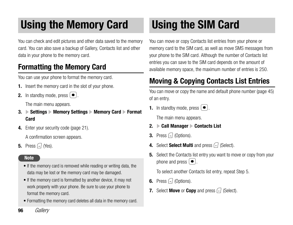 Using the sim card, Moving & copying contacts list entries | Toshiba TX80 User Manual | Page 96 / 145