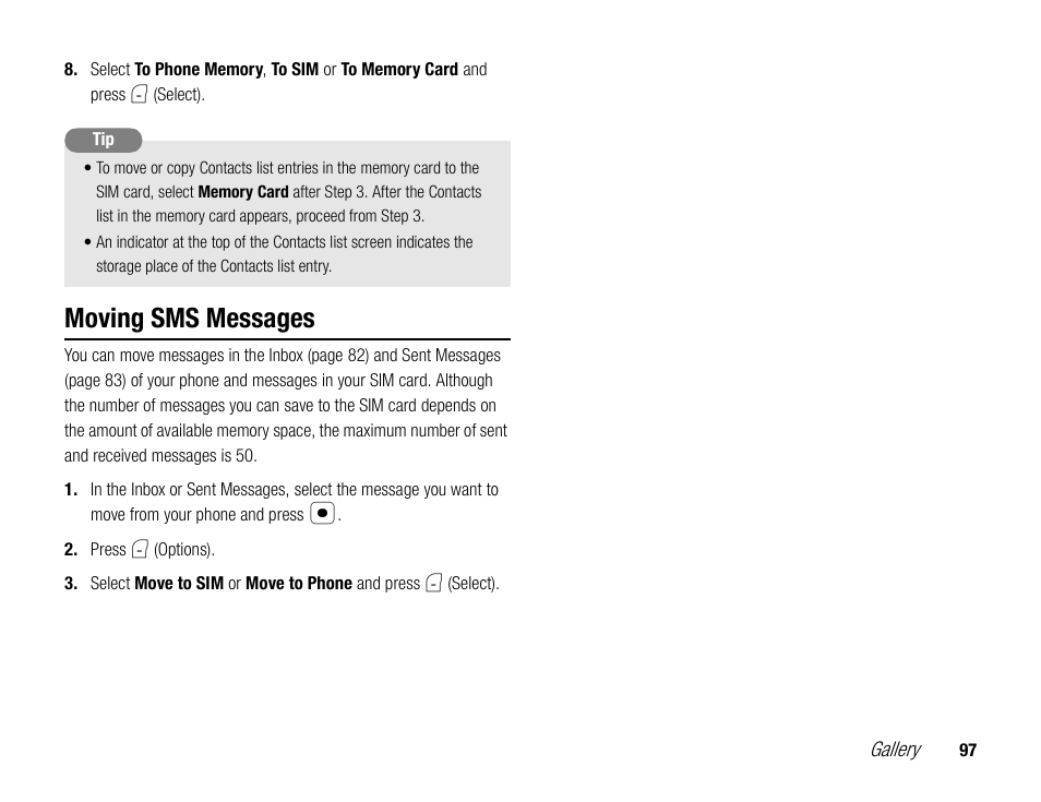 Moving sms messages | Toshiba TX80 User Manual | Page 97 / 145