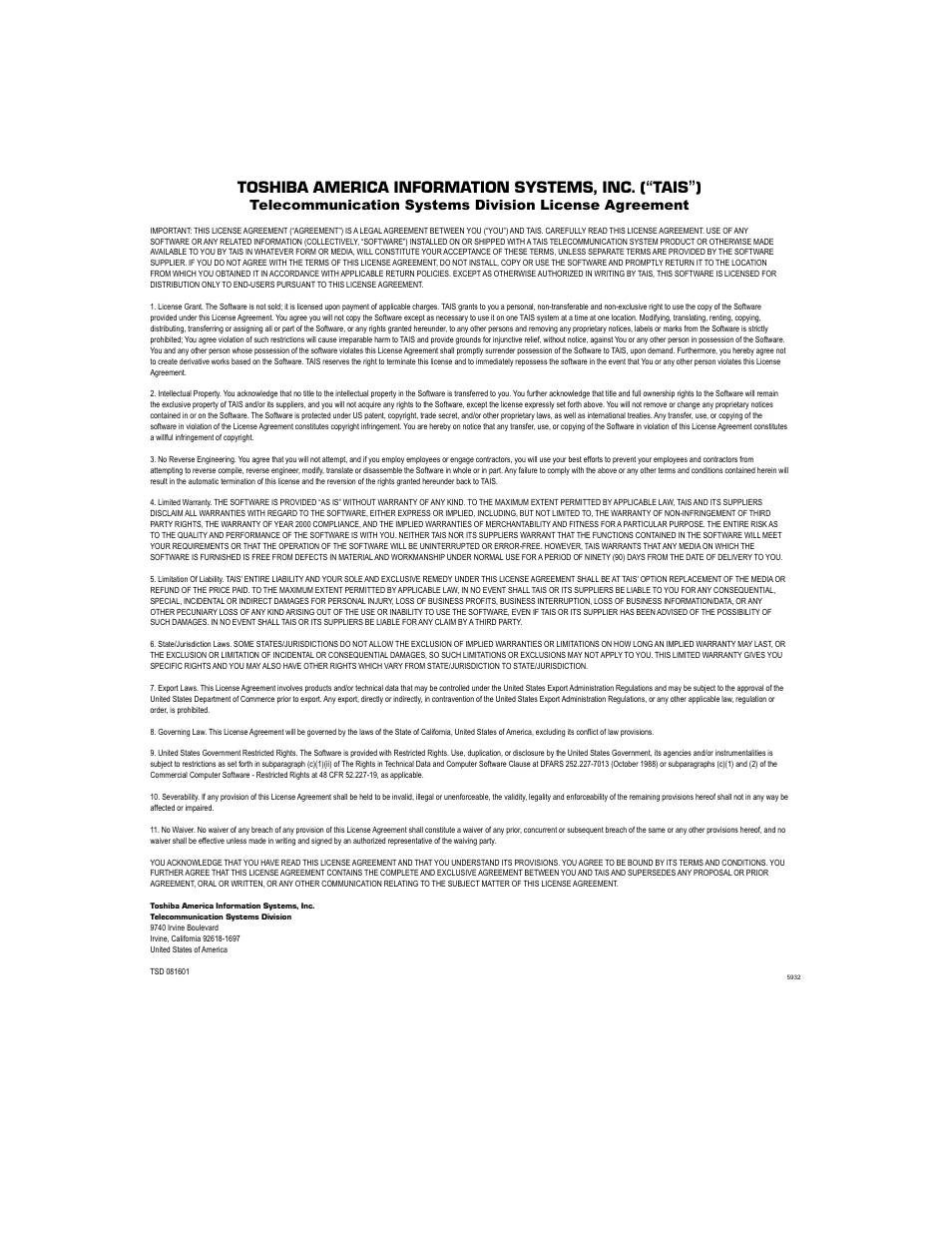 Tais tsd license agreement | Toshiba DKT3001/2001 User Manual | Page 3 / 67