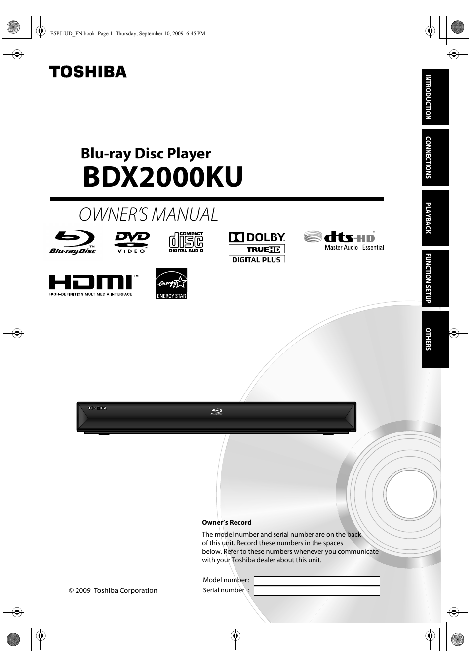 Toshiba Blu-Ray Disc Player BDX2000KU User Manual | 64 pages