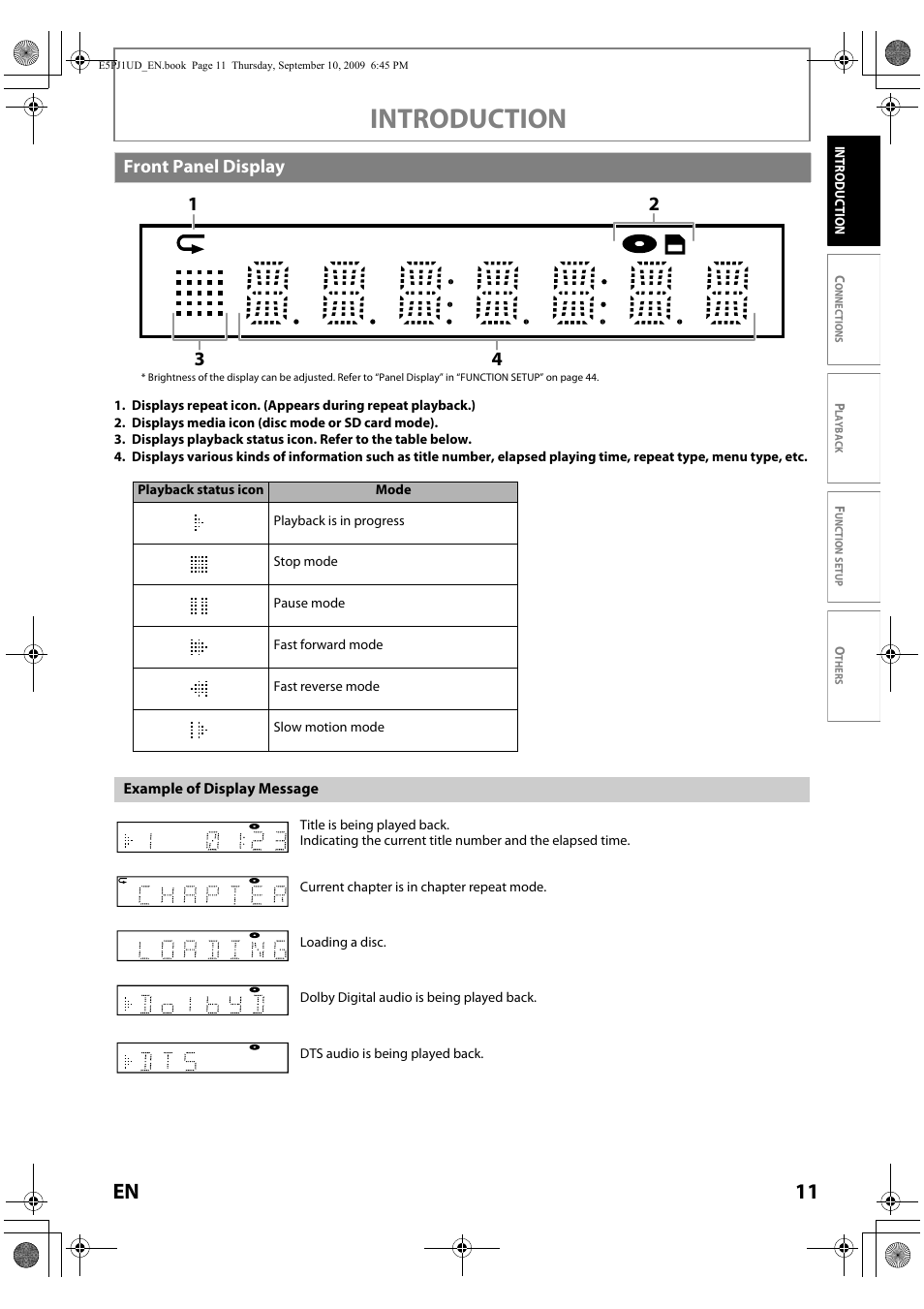 Introduction, 11 en, Front panel display | Toshiba Blu-Ray Disc Player BDX2000KU User Manual | Page 11 / 64