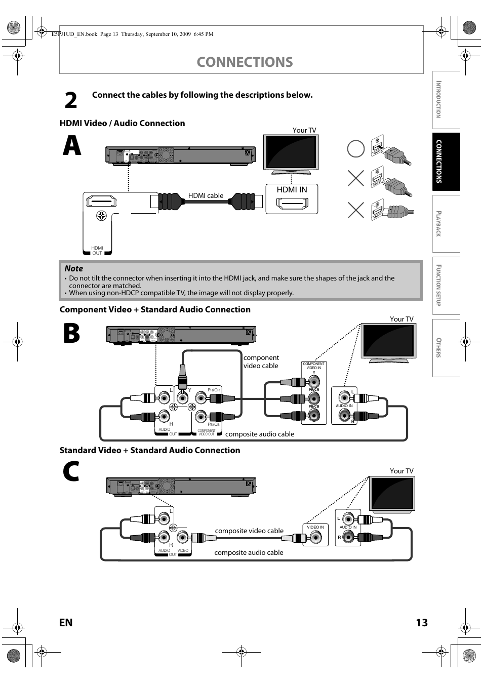 Connections, 13 en, Hdmi in | Toshiba Blu-Ray Disc Player BDX2000KU User Manual | Page 13 / 64