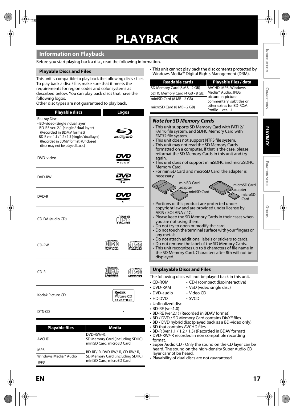 Playback, 17 en, Information on playback | Toshiba Blu-Ray Disc Player BDX2000KU User Manual | Page 17 / 64