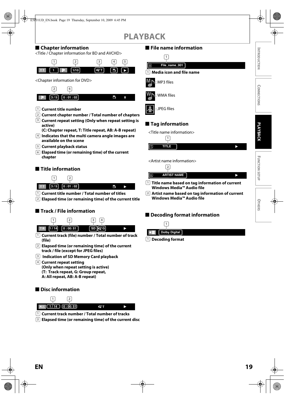 Playback, 19 en, S chapter information | S tag information s decoding format information | Toshiba Blu-Ray Disc Player BDX2000KU User Manual | Page 19 / 64