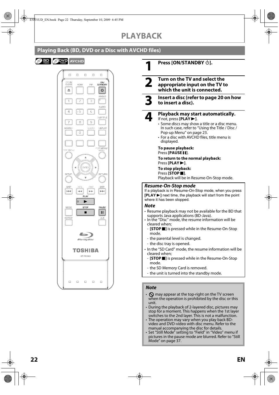 Playback, 22 en | Toshiba Blu-Ray Disc Player BDX2000KU User Manual | Page 22 / 64