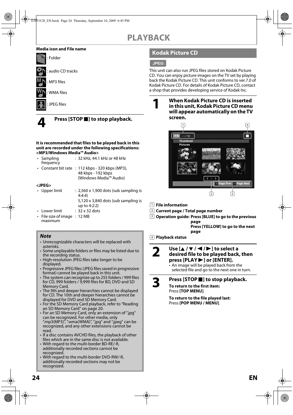 Playback, 24 en, Kodak picture cd | Toshiba Blu-Ray Disc Player BDX2000KU User Manual | Page 24 / 64
