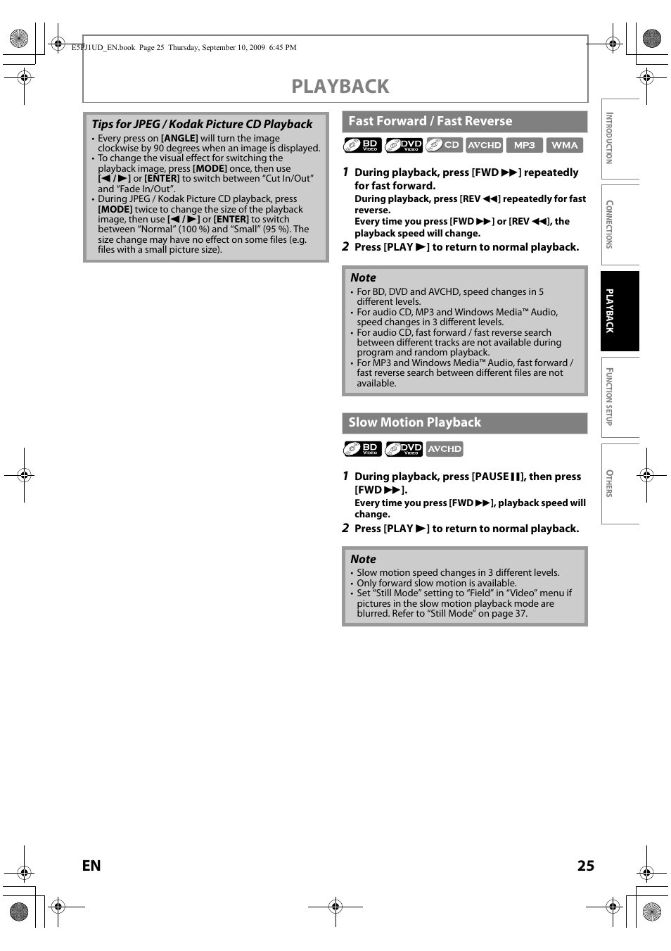 Playback, 25 en, Fast forward / fast reverse | Slow motion playback | Toshiba Blu-Ray Disc Player BDX2000KU User Manual | Page 25 / 64