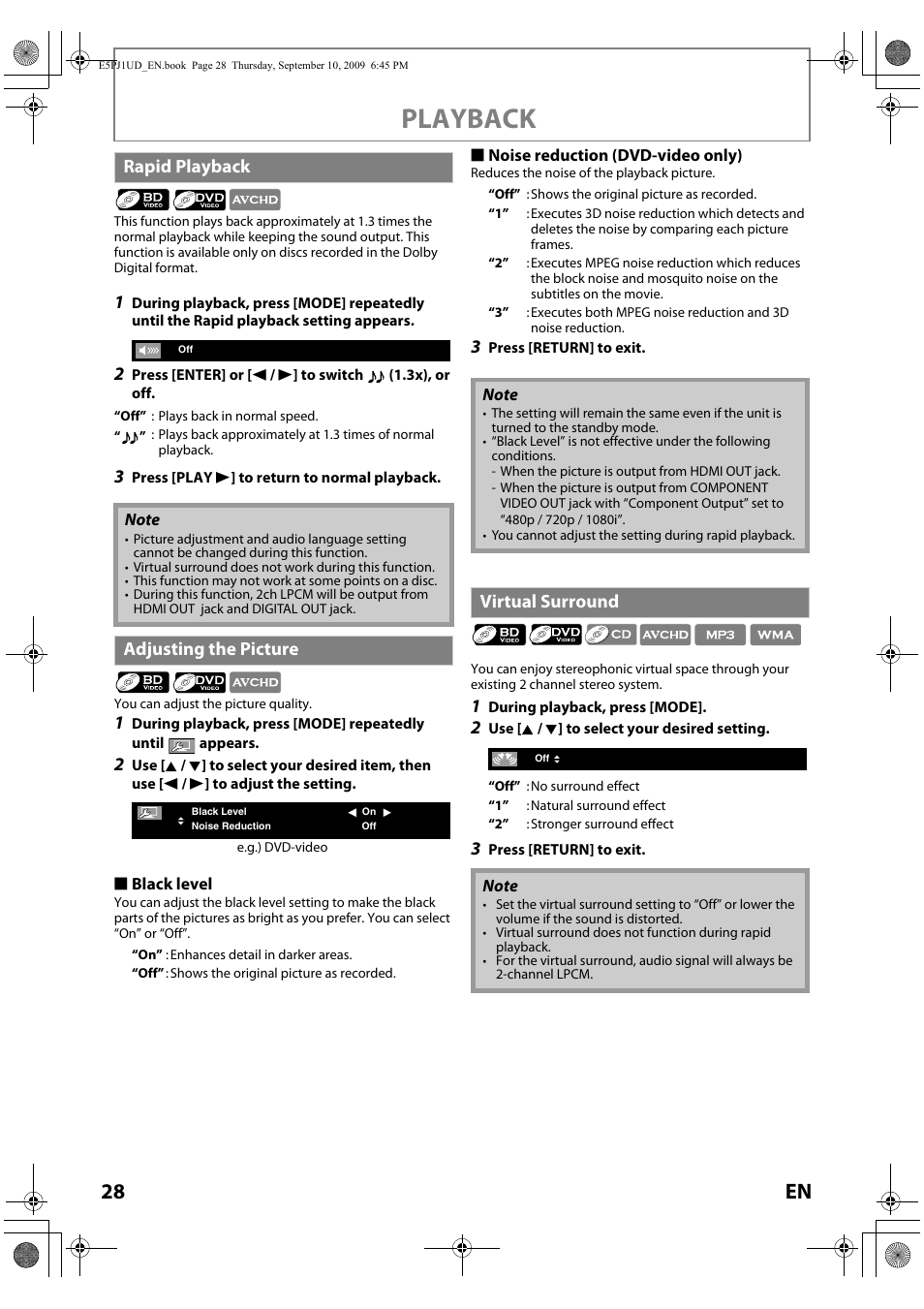 Playback, 28 en, Rapid playback | Adjusting the picture, Virtual surround | Toshiba Blu-Ray Disc Player BDX2000KU User Manual | Page 28 / 64