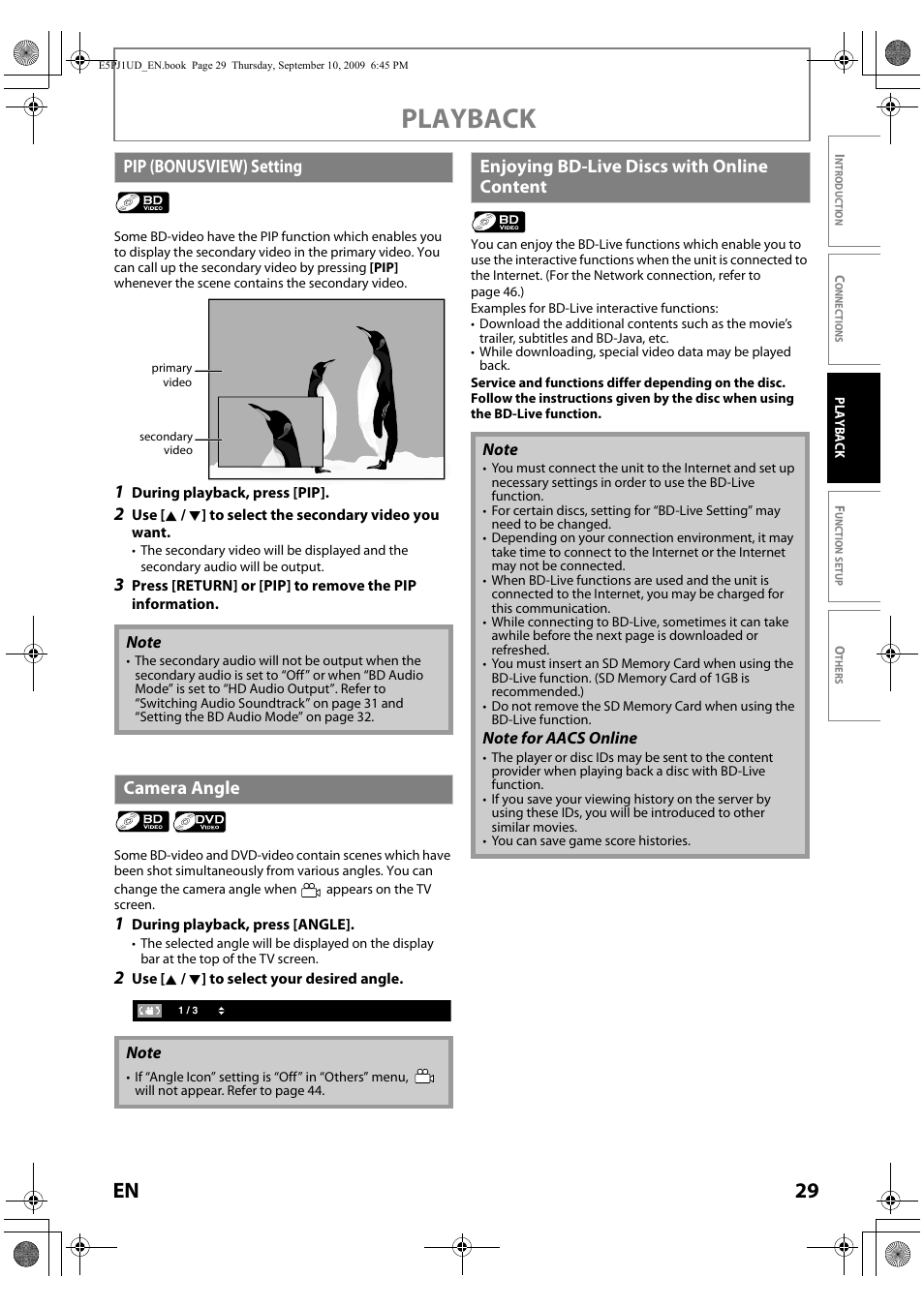 Playback, 29 en, Pi p (bonusview) setting | Camera angle, Enjoyi ng bd-live disc s with online content | Toshiba Blu-Ray Disc Player BDX2000KU User Manual | Page 29 / 64