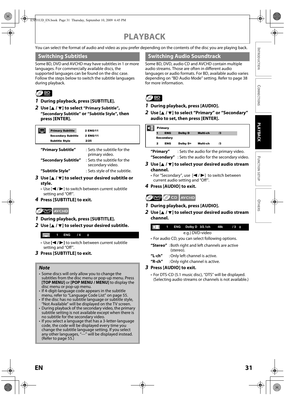 Playback, 31 en, Switching subtitles | Switching audio soundtrack | Toshiba Blu-Ray Disc Player BDX2000KU User Manual | Page 31 / 64