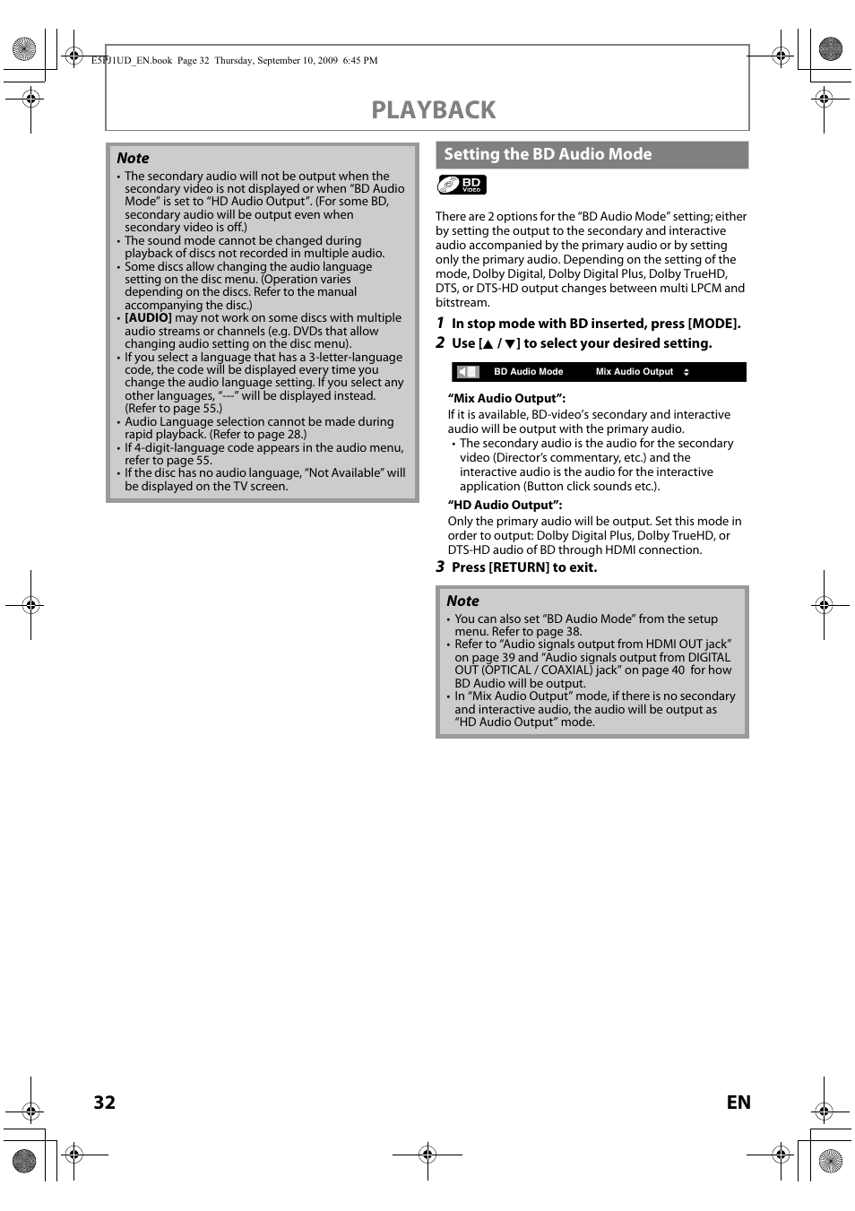 Playback, 32 en, Setting the bd audio mode | Toshiba Blu-Ray Disc Player BDX2000KU User Manual | Page 32 / 64