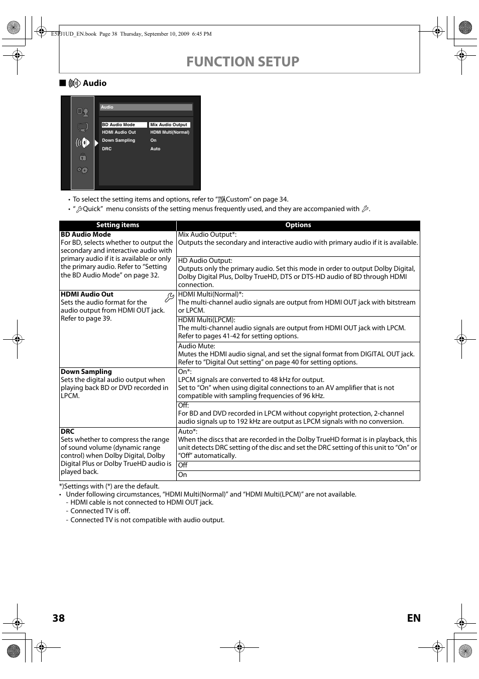 Function setup, 38 en, Saudio | Toshiba Blu-Ray Disc Player BDX2000KU User Manual | Page 38 / 64
