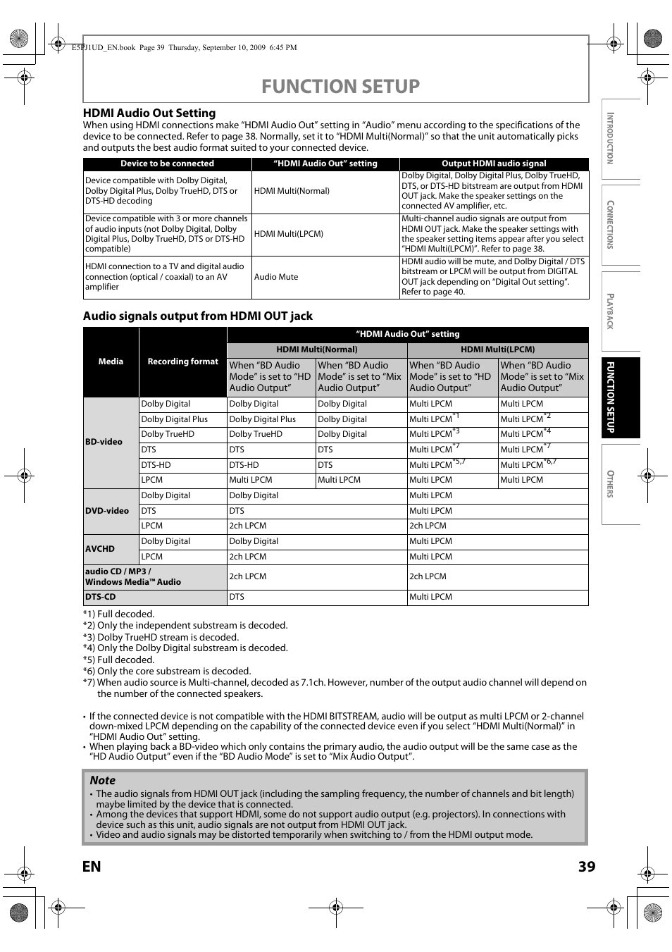 Function setup, 39 en, Hdmi a udio out setting | Audio signals output fr om hdmi out ja ck | Toshiba Blu-Ray Disc Player BDX2000KU User Manual | Page 39 / 64
