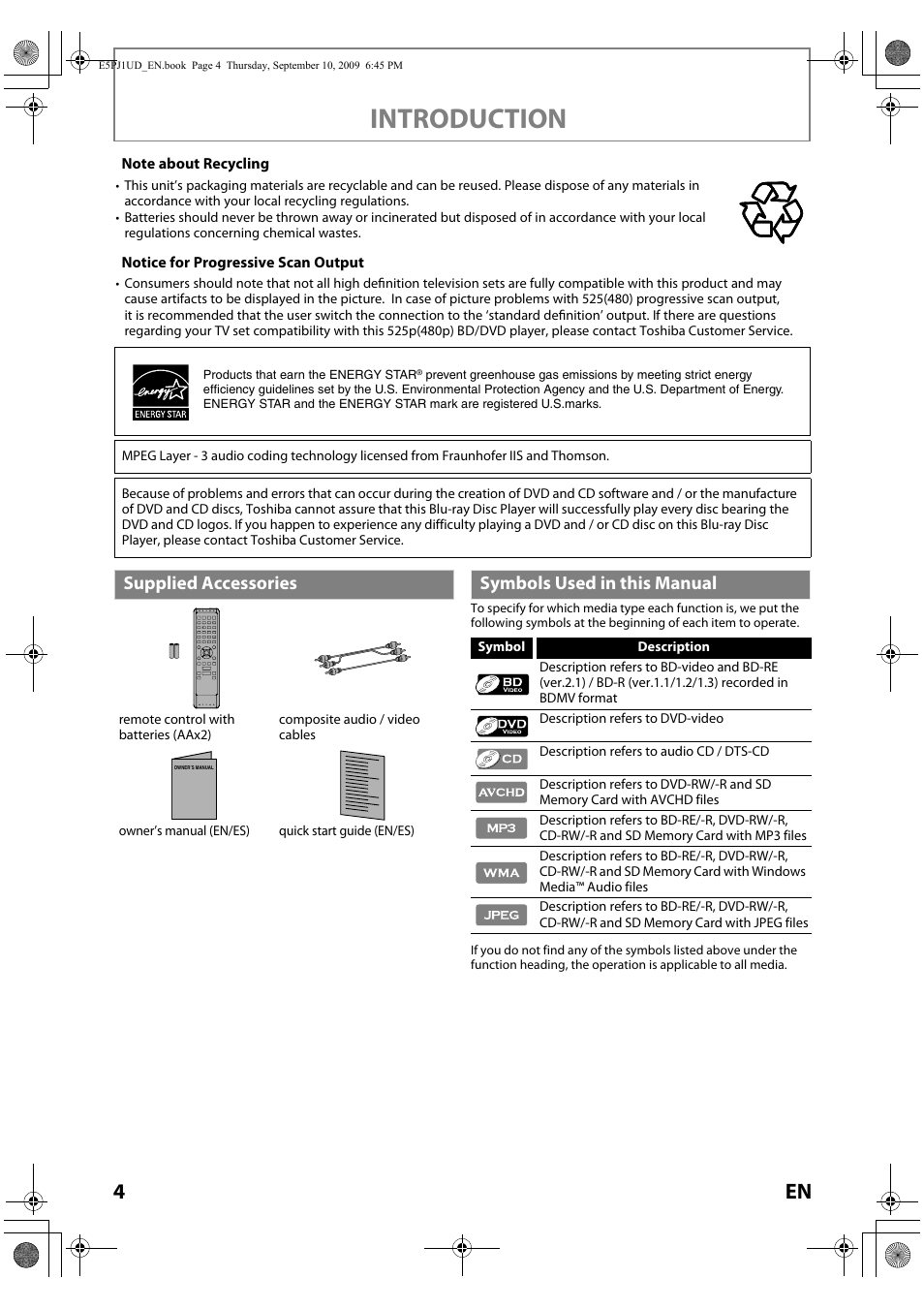 Introduction, Supplied accessories, Symbols used in this manual | Toshiba Blu-Ray Disc Player BDX2000KU User Manual | Page 4 / 64